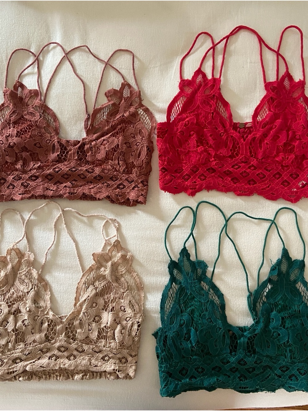 Free People Lace Bralette (4) — Red, Dusty Brown, Beige & Emerald
